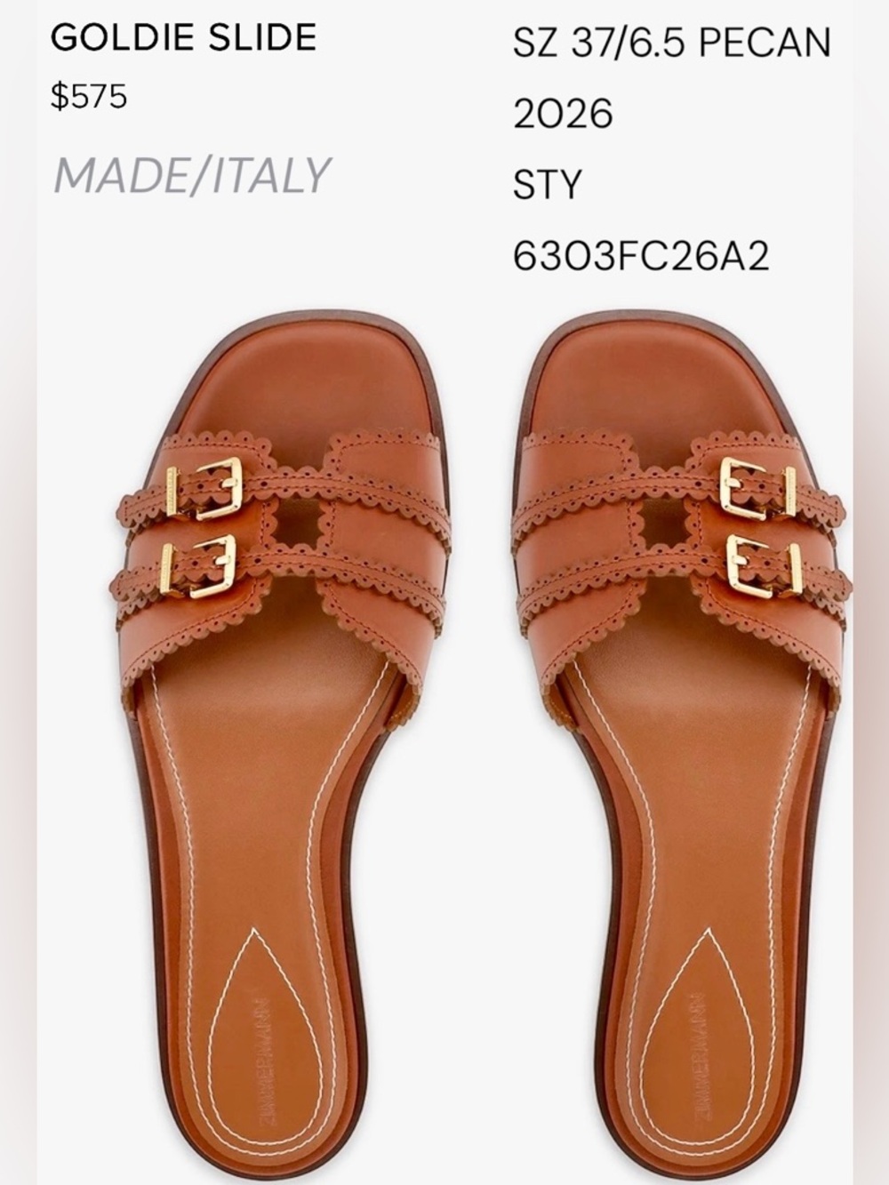 Zimmermann Women’s  Goldie Slide Sandals in Pecan Brown Sz 6.5 nwt dust bag
